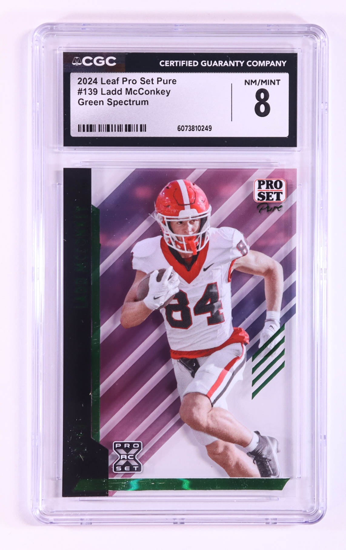 Ladd McConkey — 2024 Leaf Pro Set Pure - Spectrum Green Parallel — Rookie Card #139 – Ser# 12/49 - CGC 8