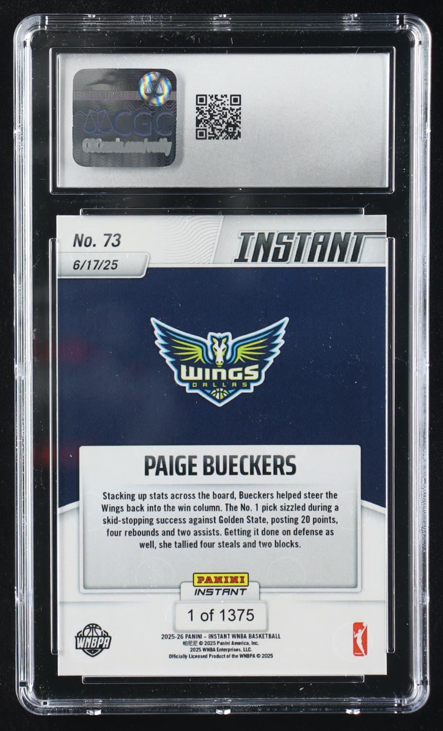 Paige Bueckers 2025-26 Panini Instant WNBA #73 RC – CGC 9 Mint-1 of 1375