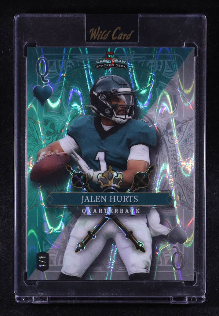 Jalen Hurts 2024 Wild Card 5 Card Draw Stacked Deck Color Match Queen of Hearts Green and Silver Raywave #JHN #1/1