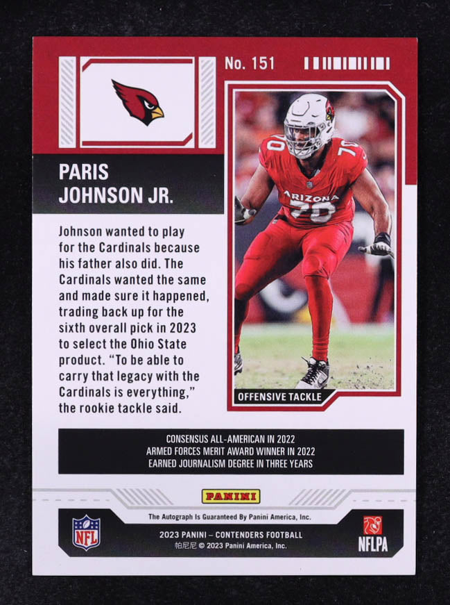 Paris Johnson Jr. 2023 Panini Contenders Opening Kickoff Ticket #151 - Autograph Rookie Card (AU RC)