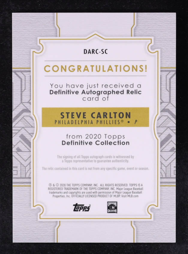 Steve Carlton 2020 Topps Definitive Collection - Definitive Autograph Relics #DARCSC – Serial #30/50
