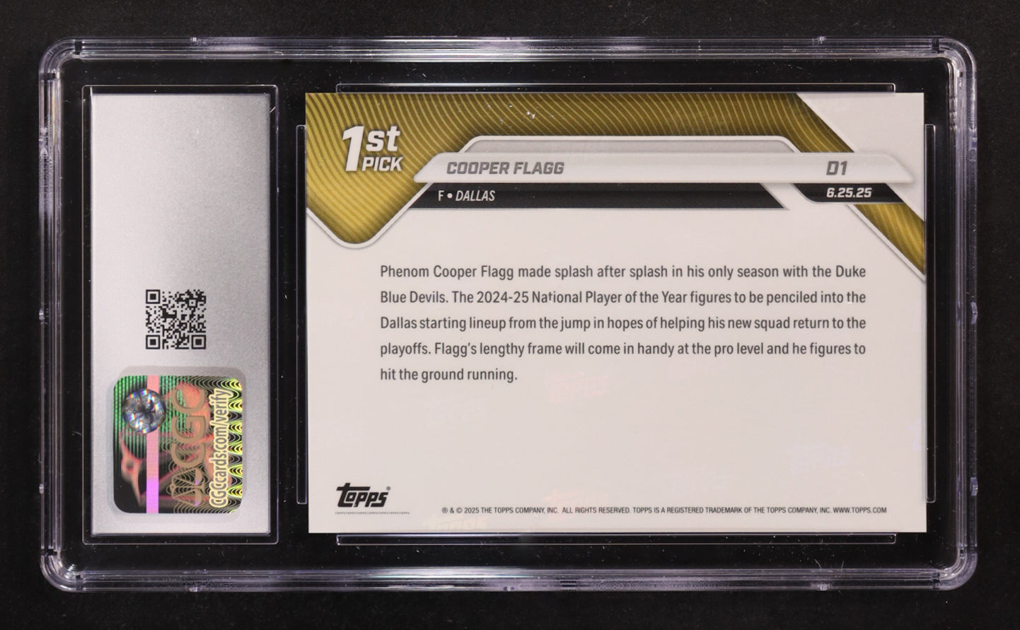 Cooper Flagg 2025 Topps Now #D1 - NBA Draft Rookie Card (CGC 9)