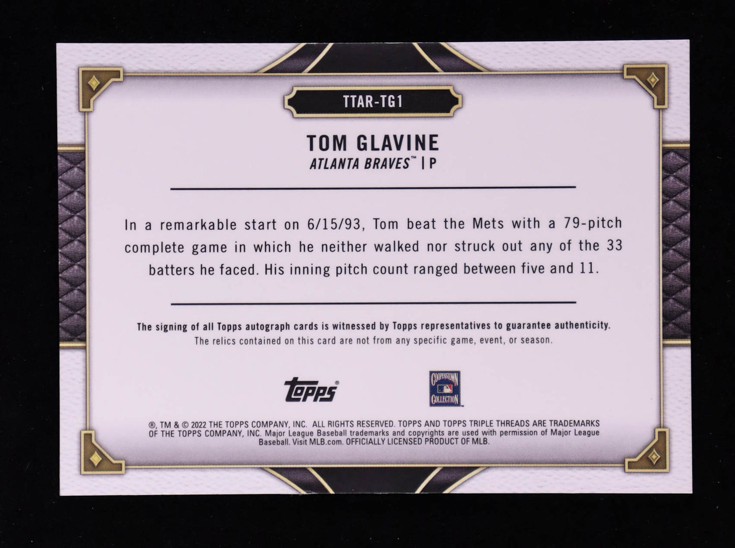 Tom Glavine – 2022 Topps Triple Threads - Autograph Relics Amber #TTARTG1 – Serial #18/18