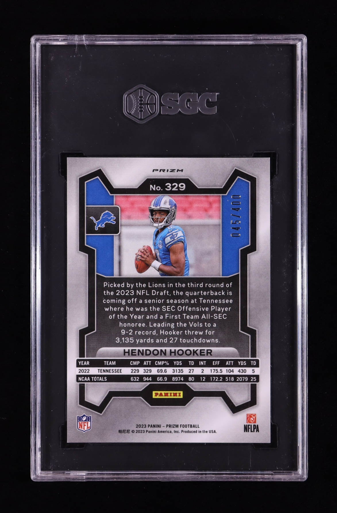 Hendon Hooker 2023 Panini Prizm – Prizms Pandora - Rookie Card #329 — Serial #45/400-SGC 10 Gem Mint