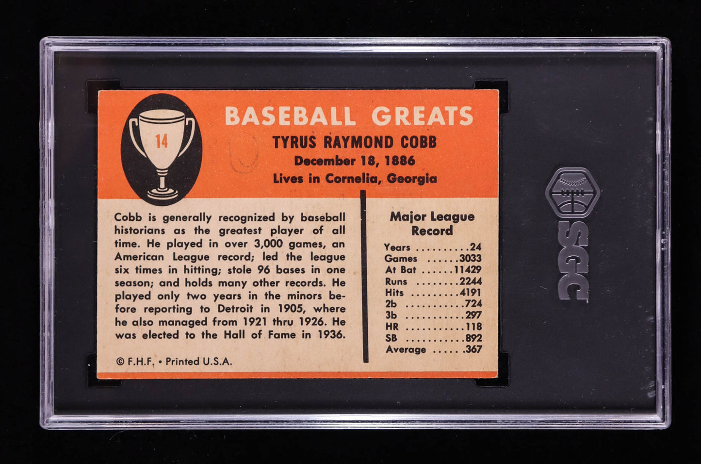 Ty Cobb 1961 Fleer #14 - SGC 3 (VG) — Hall of Fame Legend