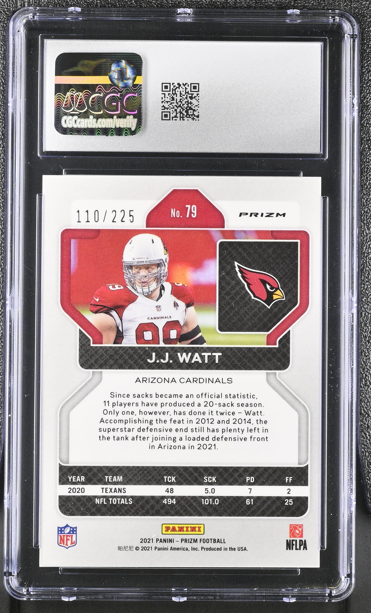 J.J. Watt — 2021 Panini Prizm - Purple Ice Parallel #79 — Serial #110/225 - CGC 10 Gem Mint