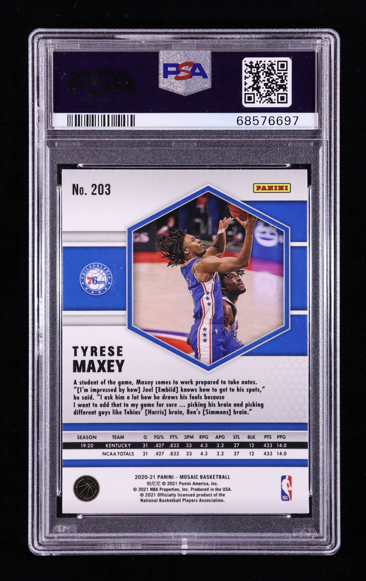 Tyrese Maxey — 2020 21 Panini Mosaic - Mosaic Base Rookie Card #203 - PSA 9 (Mint)