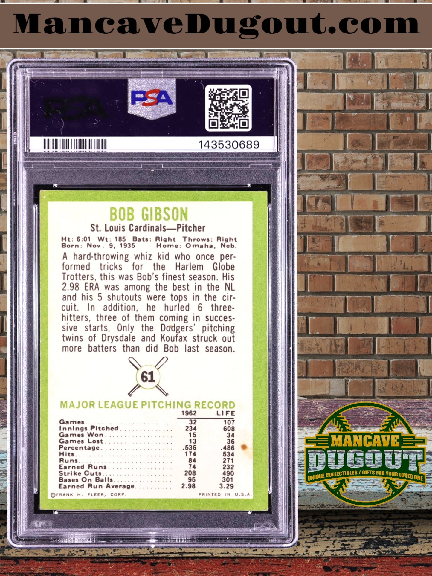 Bob Gibson — 1963 Fleer #61 - PSA 3 (VG) — Hall of Fame Pitching Legend