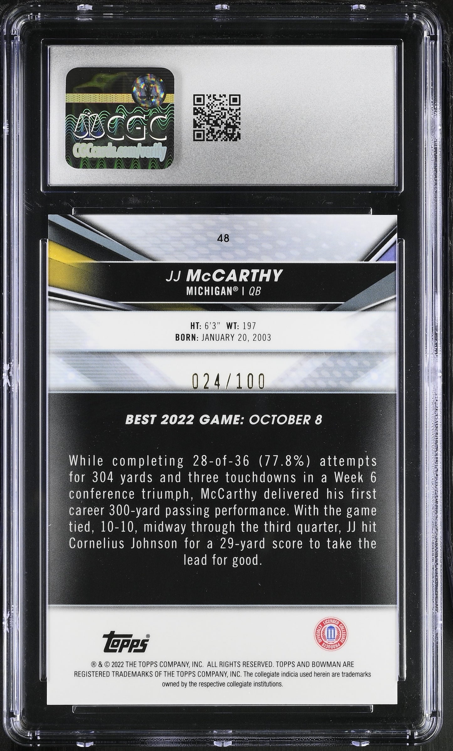 JJ McCarthy — 2022 Bowman’s Best University - Lava Refractor Parallel — Rookie Card #48 Serial #024/100 — CGC 9 (Mint)