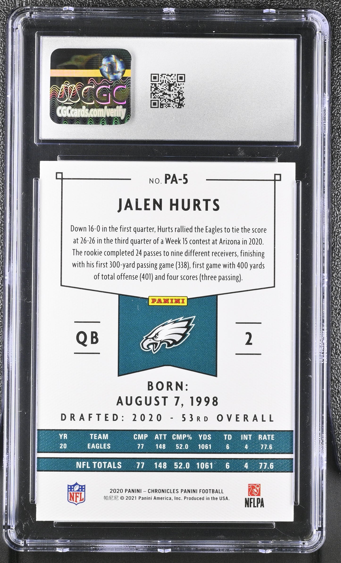 Jalen Hurts — 2020 Panini Chronicles - Panini Rookie Card #PA 5 - CGC 10 Gem Mint