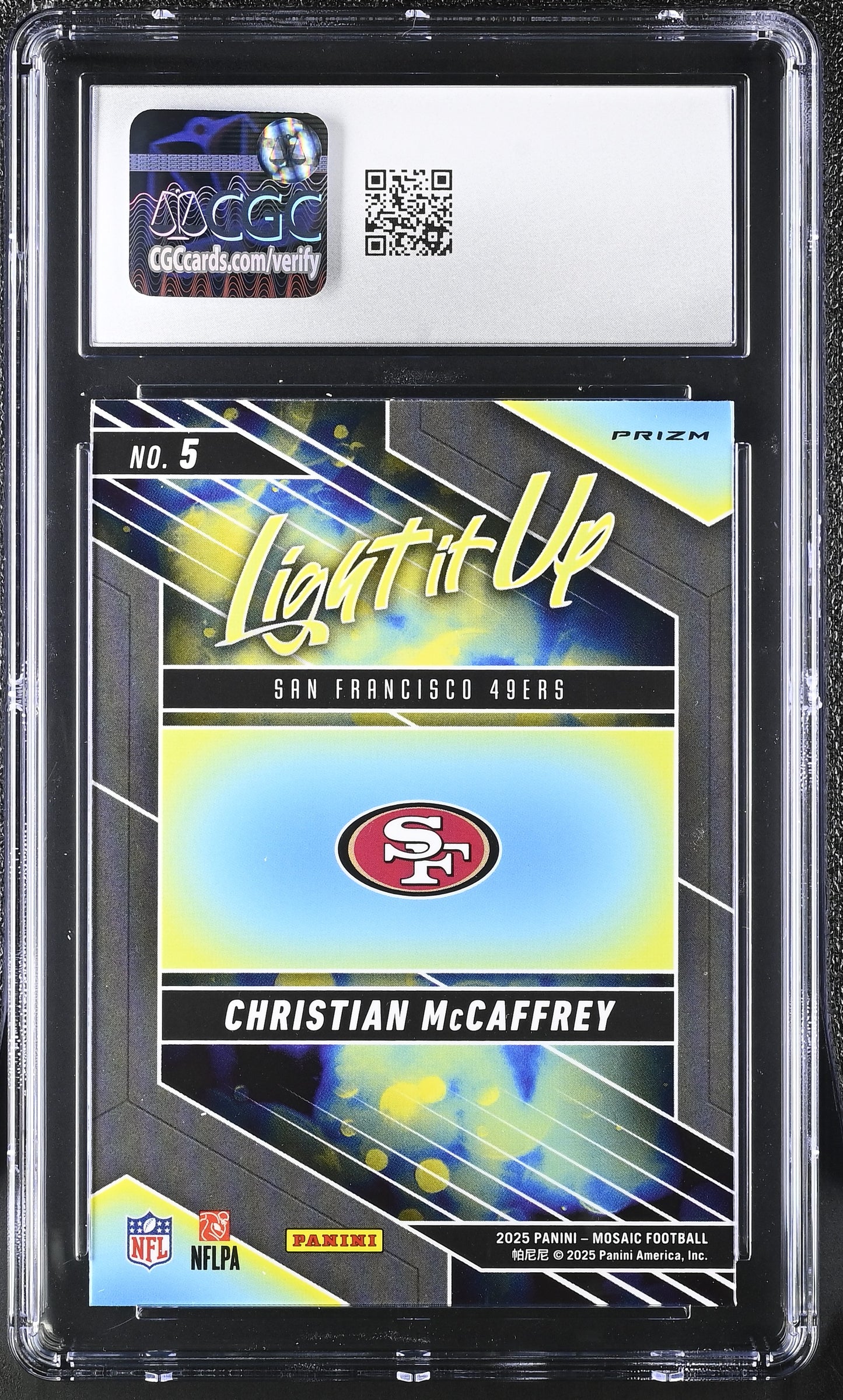 Christian McCaffrey — 2025 Panini Mosaic - Light It Up Silver — Insert #5 - CGC 10 Gem Mint