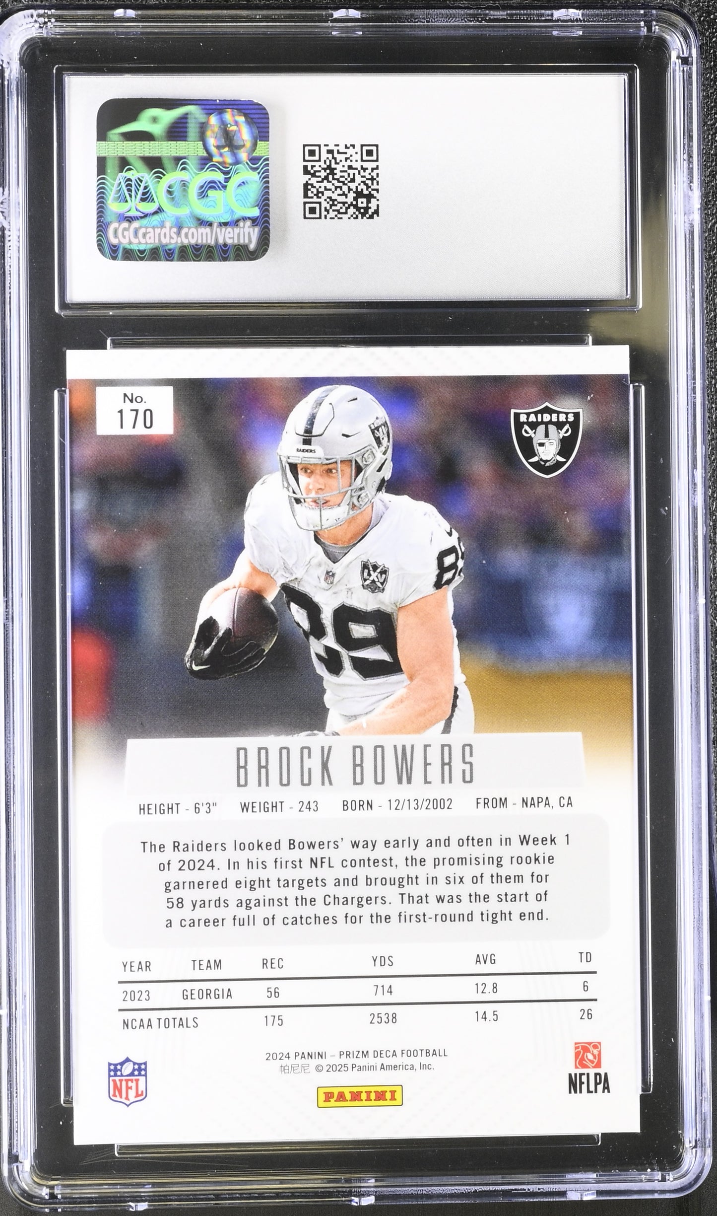 Brock Bowers — 2024 Panini Prizm - Deca Insert — Rookie Card #170 - CGC 10 Gem Mint