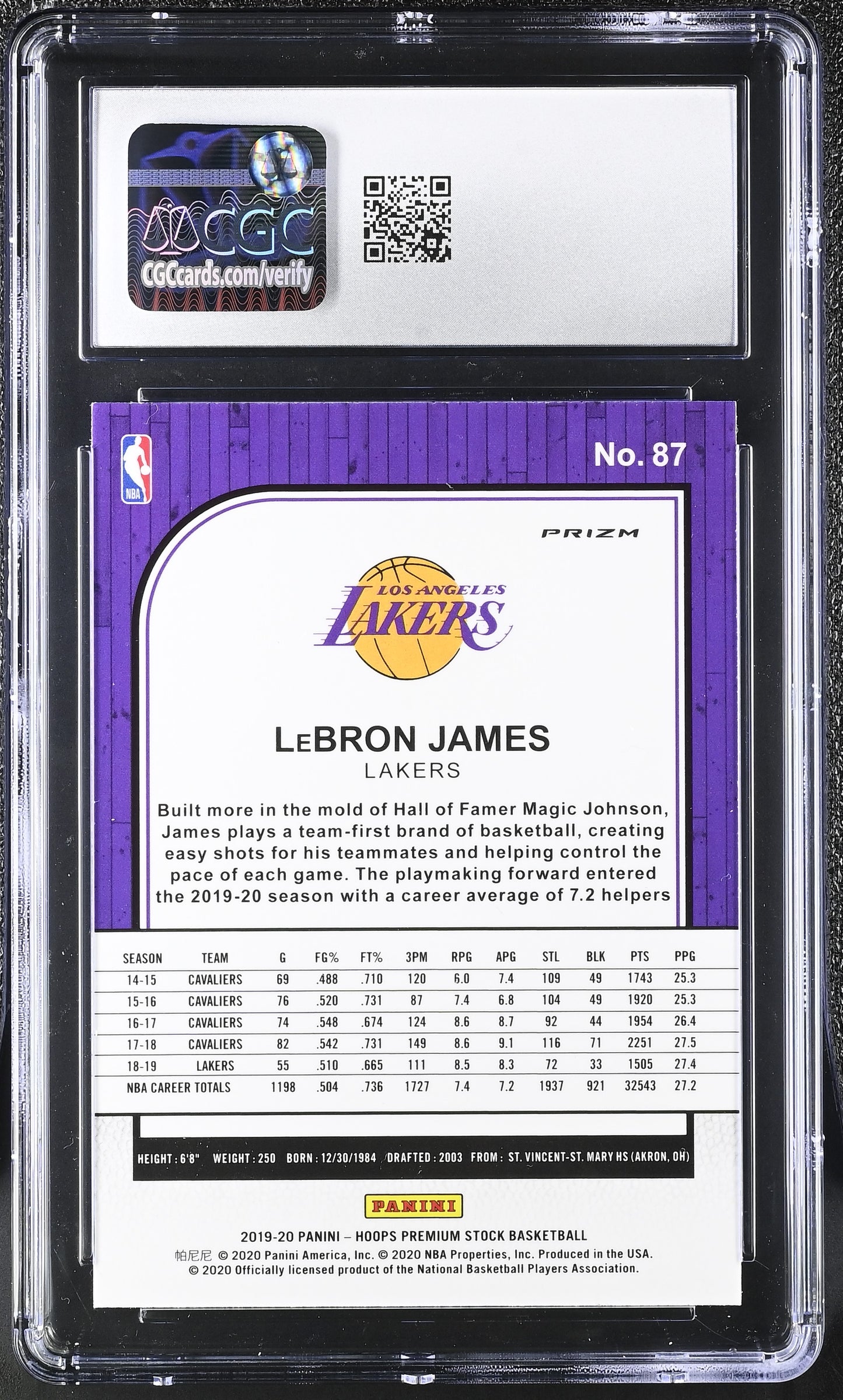 LeBron James — 2019 20 Hoops Premium Stock - Silver Prizm Parallel #87 - CGC 9.5 Gem Mint