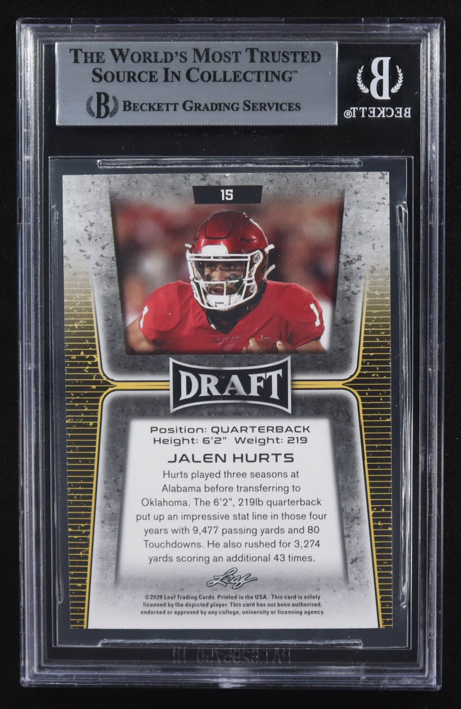 Jalen Hurts — 2020 Leaf Draft #15 - Rookie Card (RC) - BGS 9 Mint