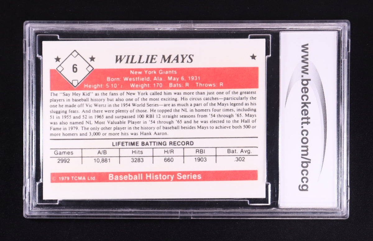 Willie Mays — 1979 TCMA 50’s - Card #6 — BCCG 10 (Mint or Better) - Vintage Tribute to “The Say Hey Kid”