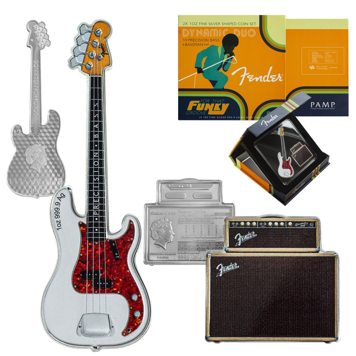 2023 Fender Dynamic Duo 2 Coin Silver Set (Precision Bass Guitar & Bassman Amp)