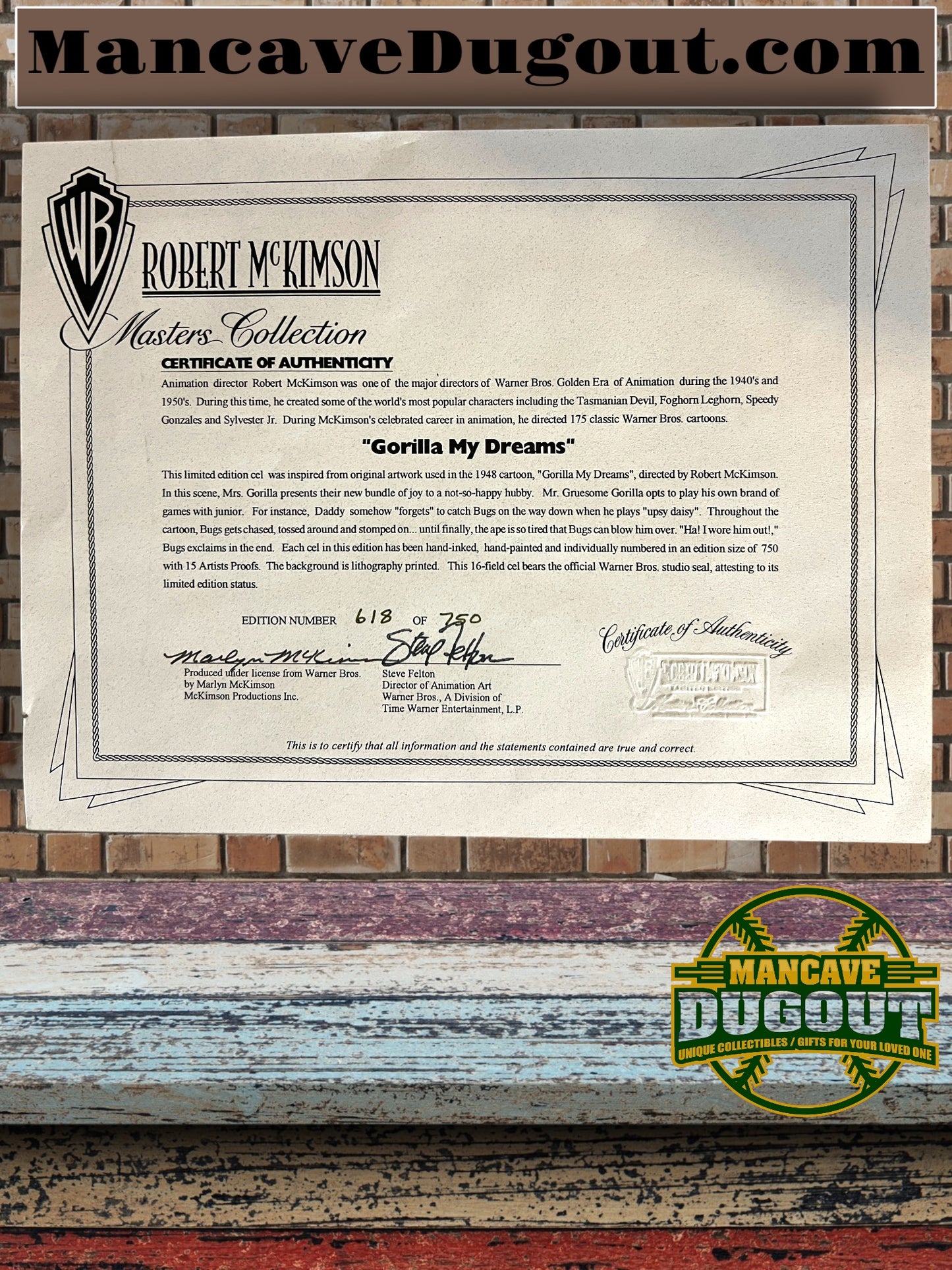 Warner Bros “Gorilla My Dreams" Cel Limited Edition - 618/750 - Autographed with COA