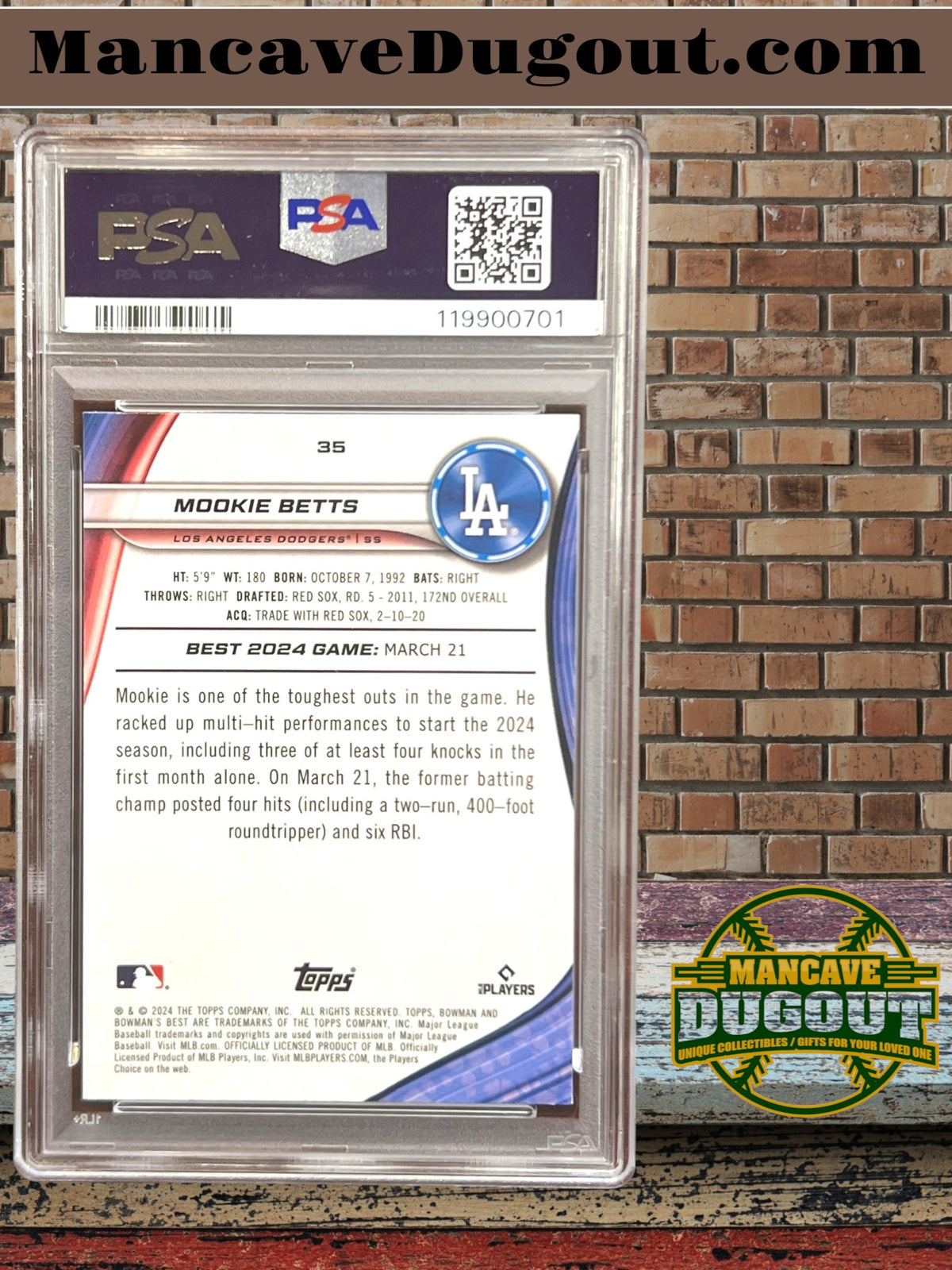 Mookie Betts — 2024 Bowman’s Best - Purple Refractor #35 — Serial 27/250 - PSA 8 - Pop 1