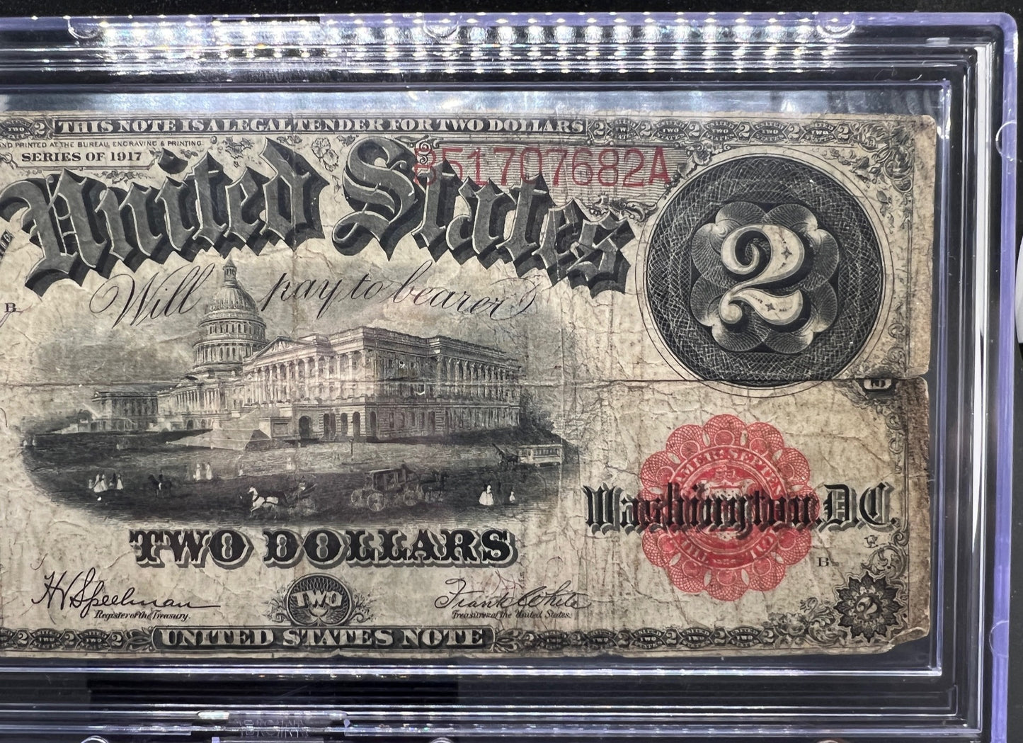 1917 $2 Two DOLLAR UNITED STATES LEGAL TENDER NOTE SEAL RED LARGE PAPER MONEY -7682A