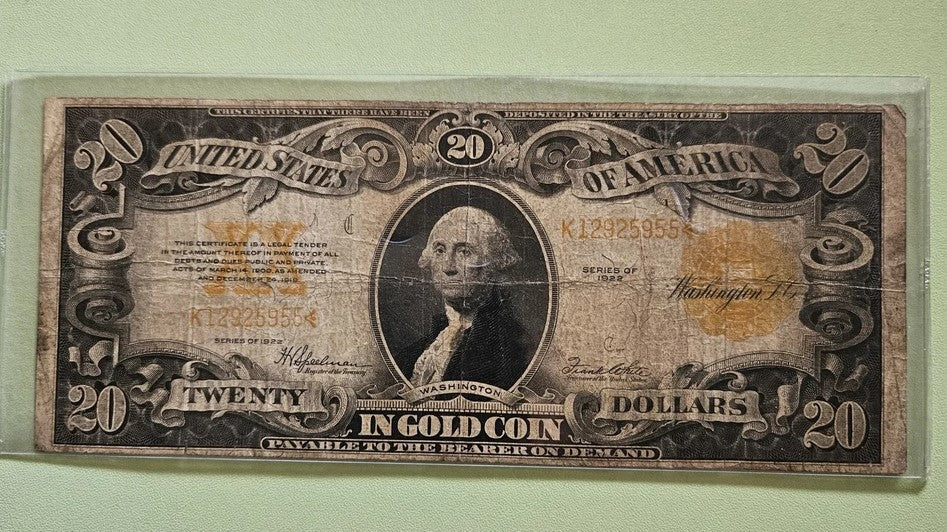 1922 $20 Twenty Dollars Gold Certificate Currency Note - Very Fine