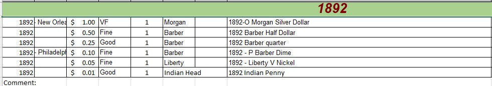 1892 Coin Set - B