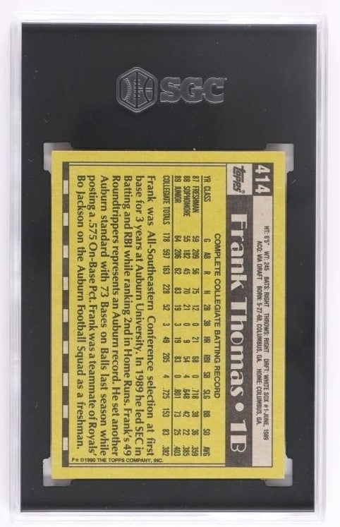 1990 Topps #414 Frank Thomas HOF Rookie RC SGC 8 NM-MT Collectible HOF