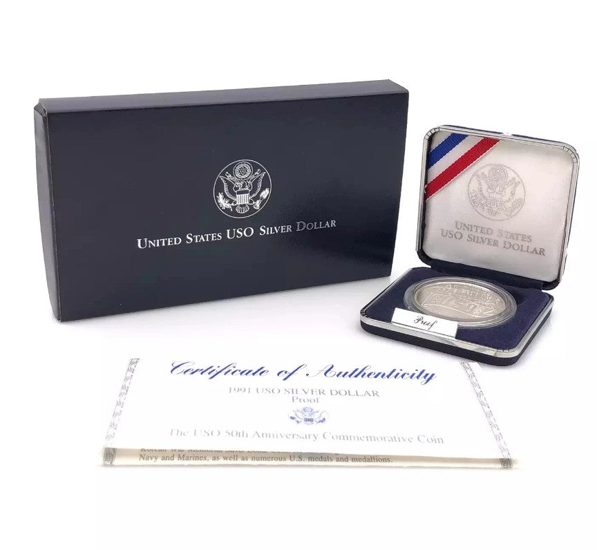 1991 USO 50th Anniversary Silver Dollar Proof in OGP with COA