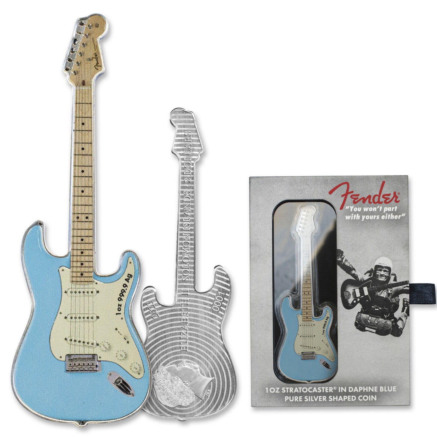 2023 1 oz Silver Fender Stratocaster Daphne Blue Guitar Coin