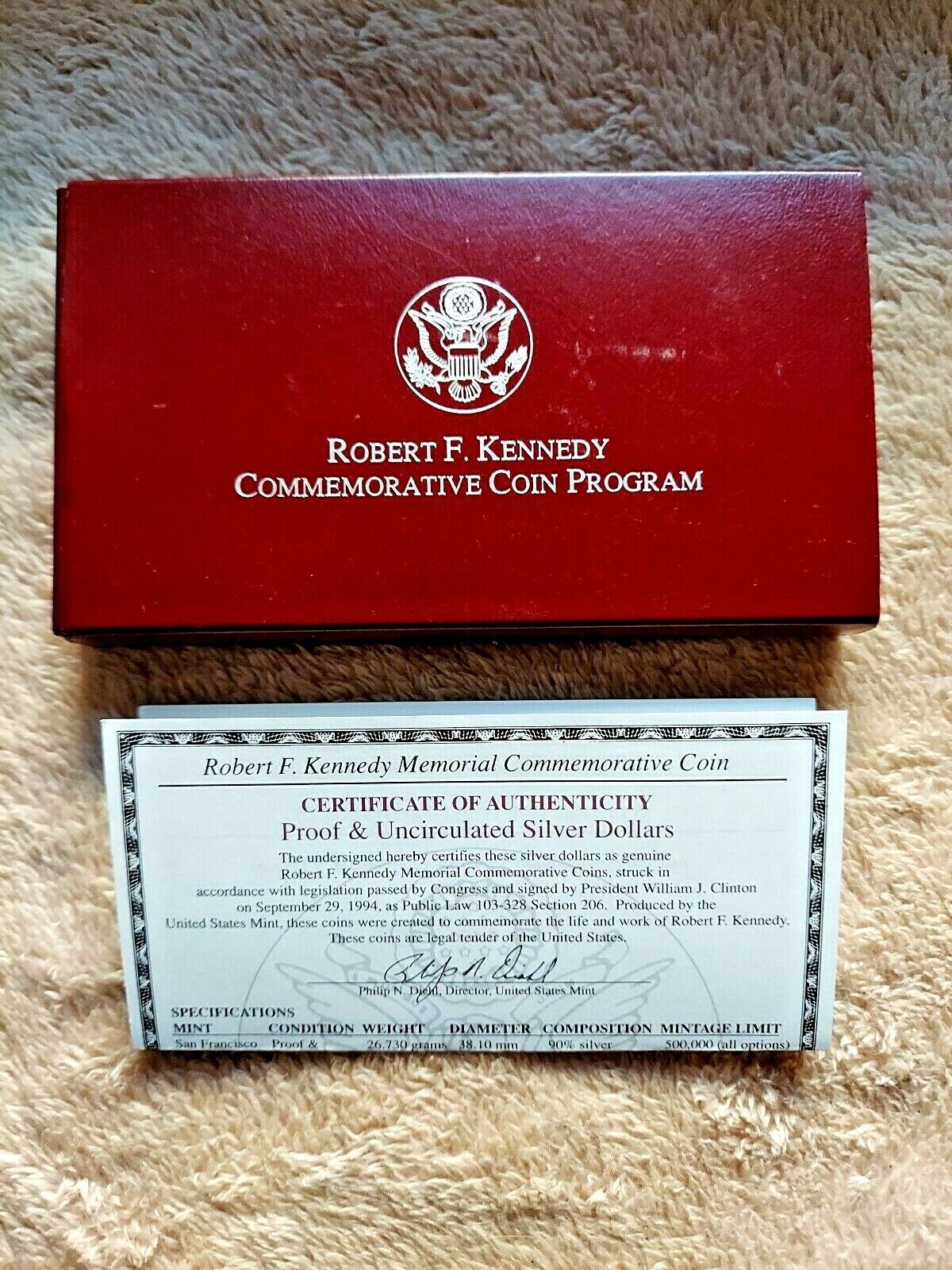 1998 S Robert F Kennedy Proof Silver Dollar Commemorative RFK Coin Box and COA