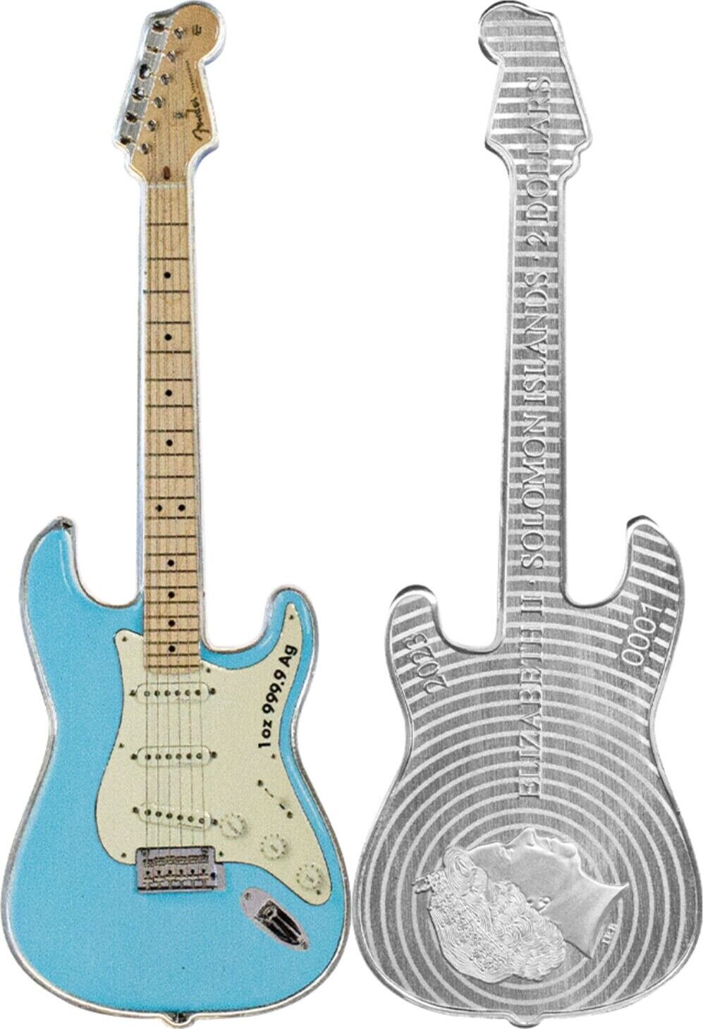 2023 1 oz Silver Fender Stratocaster Daphne Blue Guitar Coin