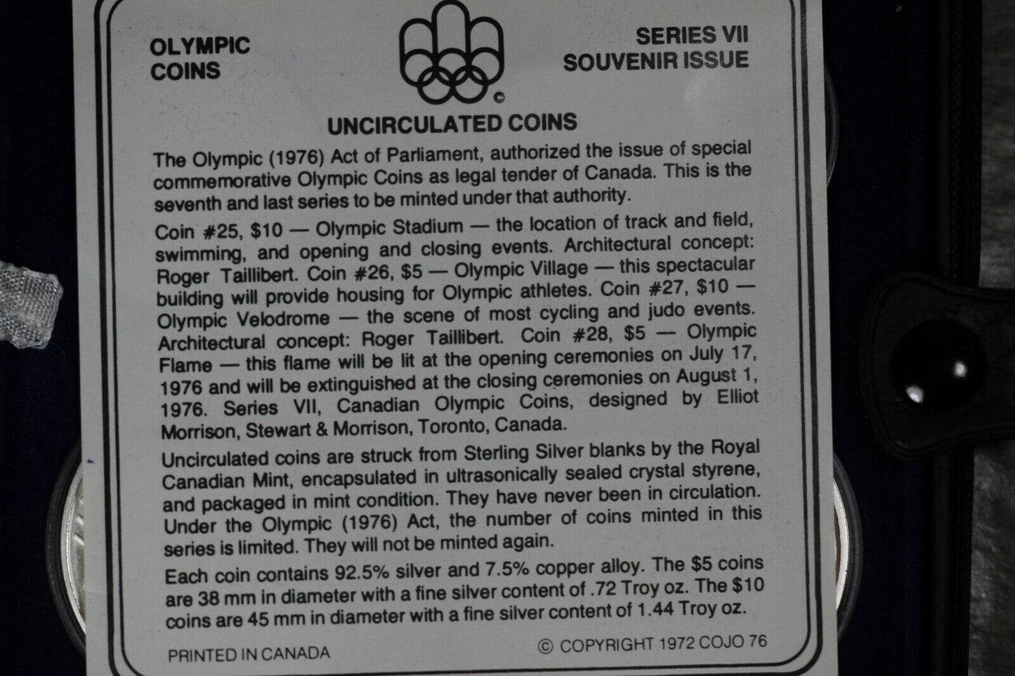1976 - Canada 4 pc Olympic Coins, Series 7, Gem Cameo Proof w/Wooden Case