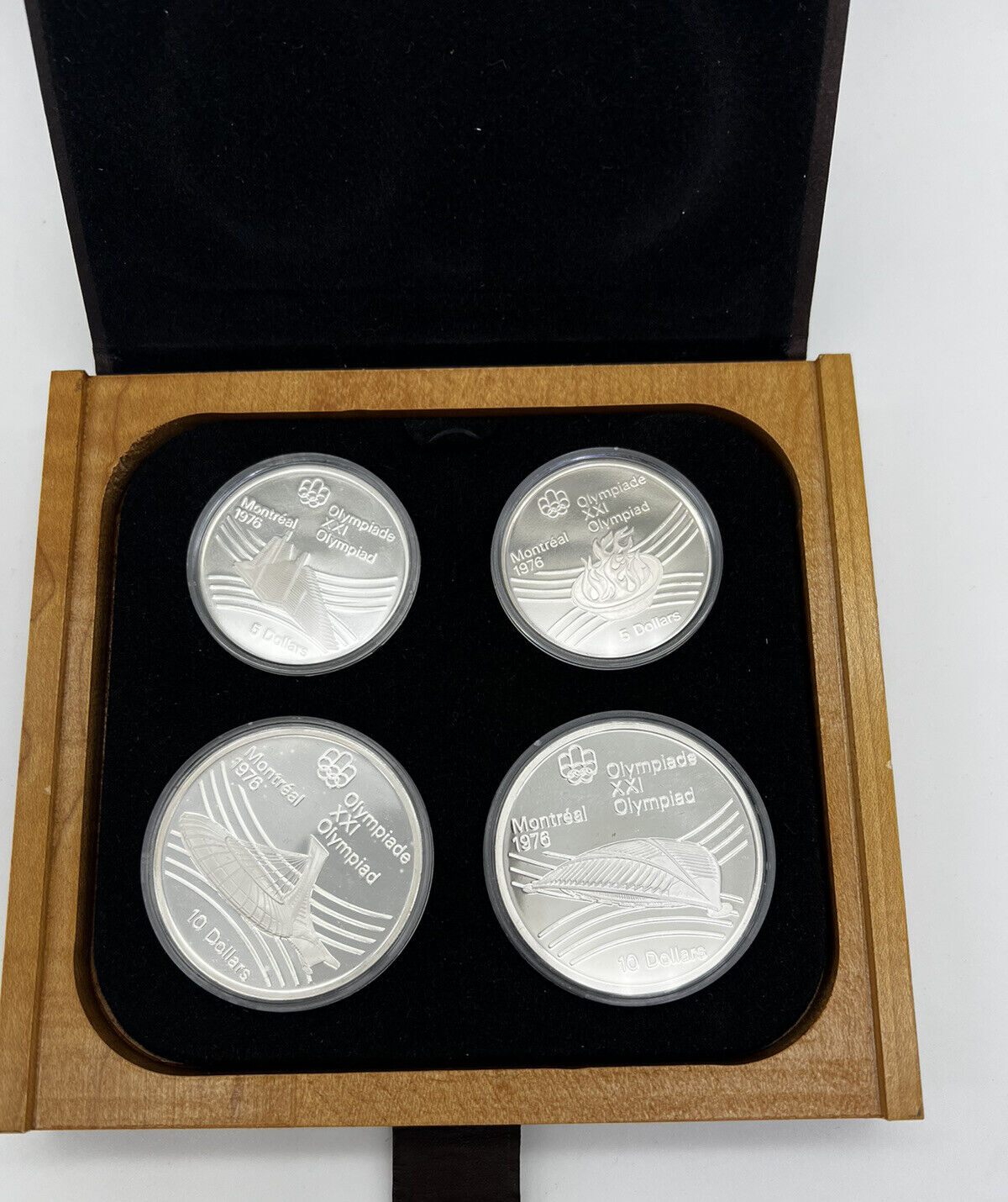 1976 - Canada 4 pc Olympic Coins, Series 7, Gem Cameo Proof w/Wooden Case
