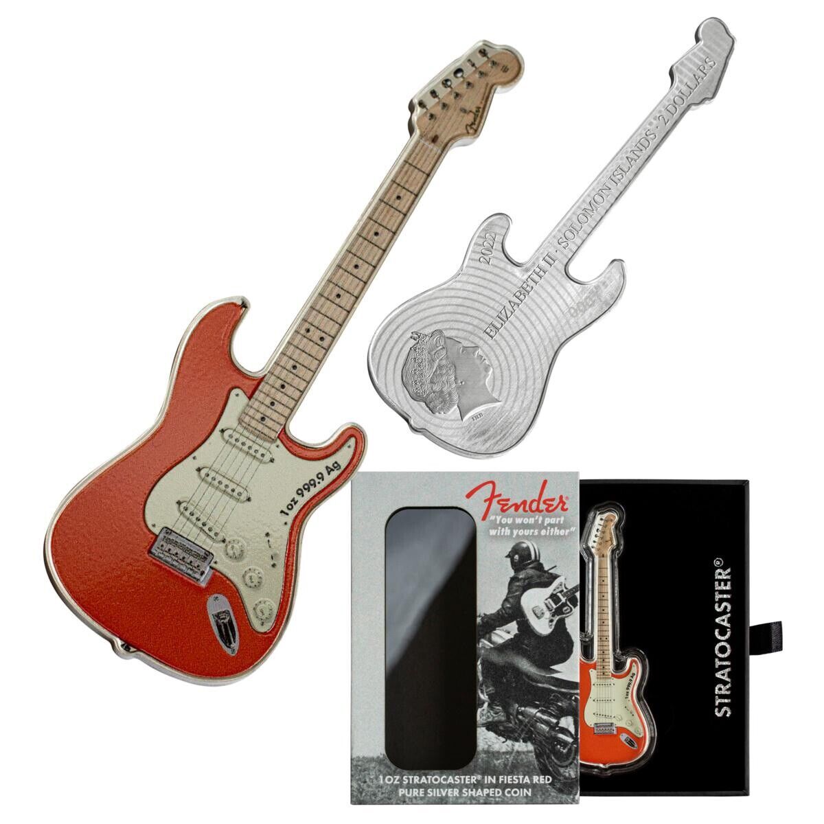 2022 1 oz Silver Fender Stratocaster Fiesta Red Guitar Coin Solomon Islands Pamp