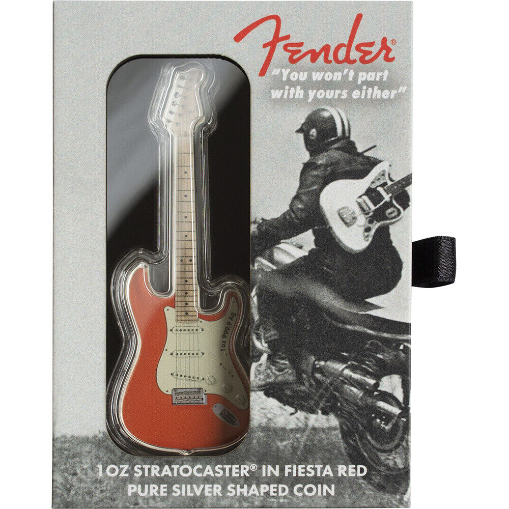 2022 1 oz Silver Fender Stratocaster Fiesta Red Guitar Coin Solomon Islands Pamp