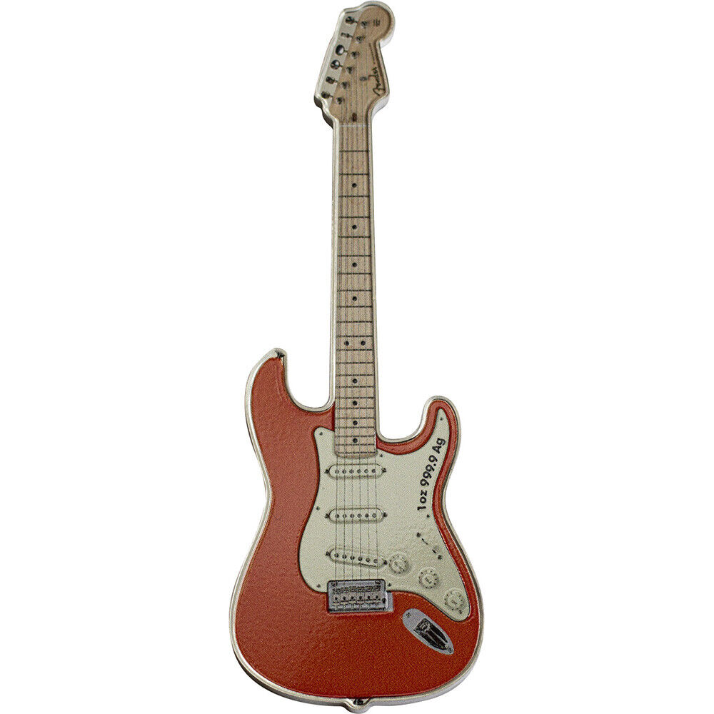 2022 1 oz Silver Fender Stratocaster Fiesta Red Guitar Coin Solomon Islands Pamp