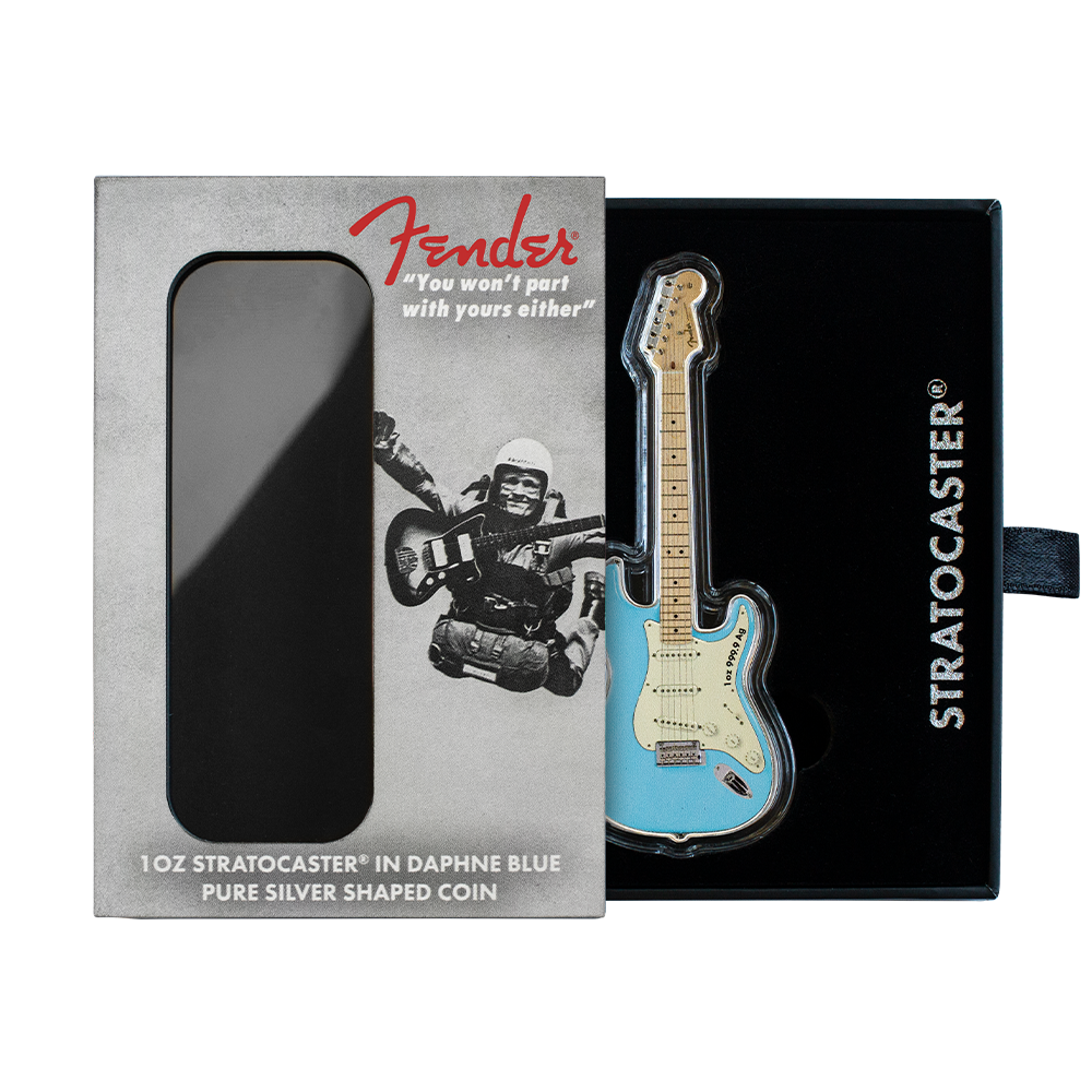 2023 1 oz Silver Fender Stratocaster Daphne Blue Guitar Coin