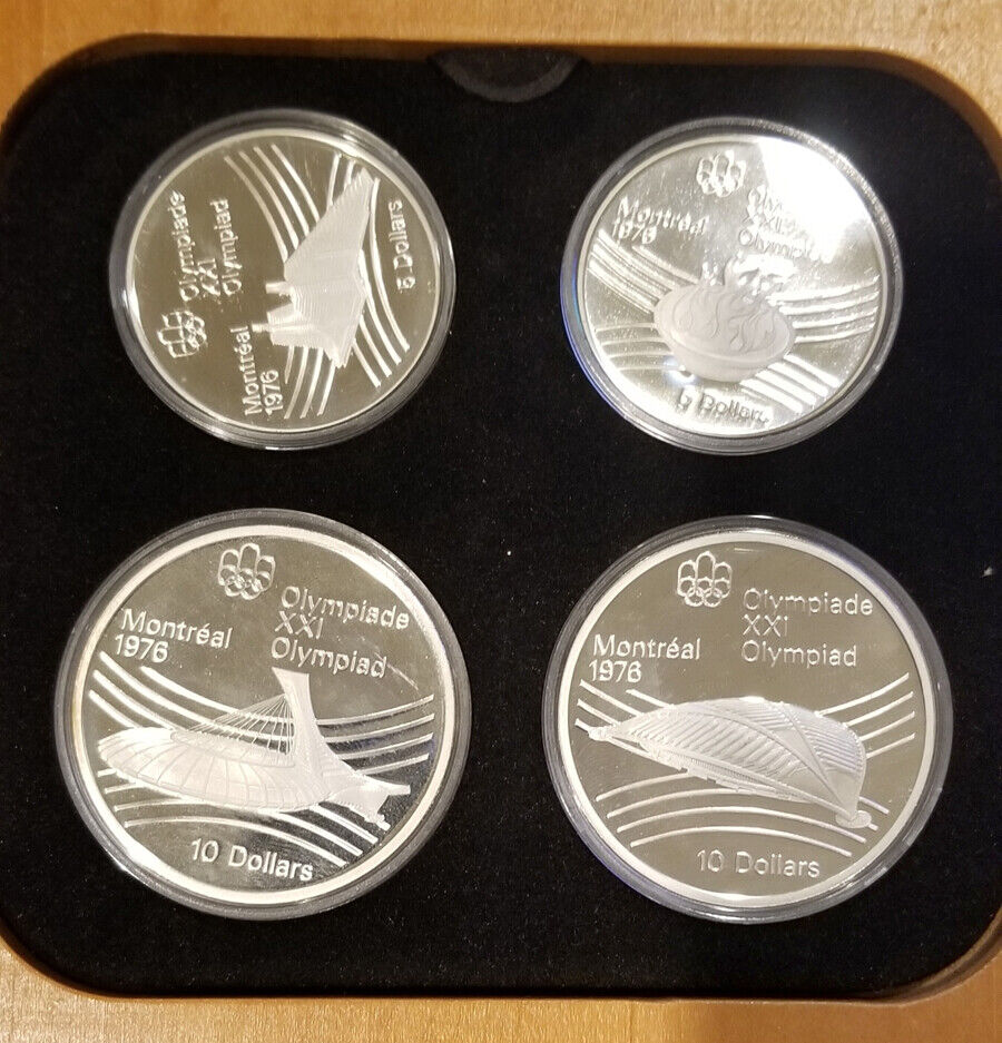 1976 - Canada 4 pc Olympic Coins, Series 7, Gem Cameo Proof w/Wooden Case