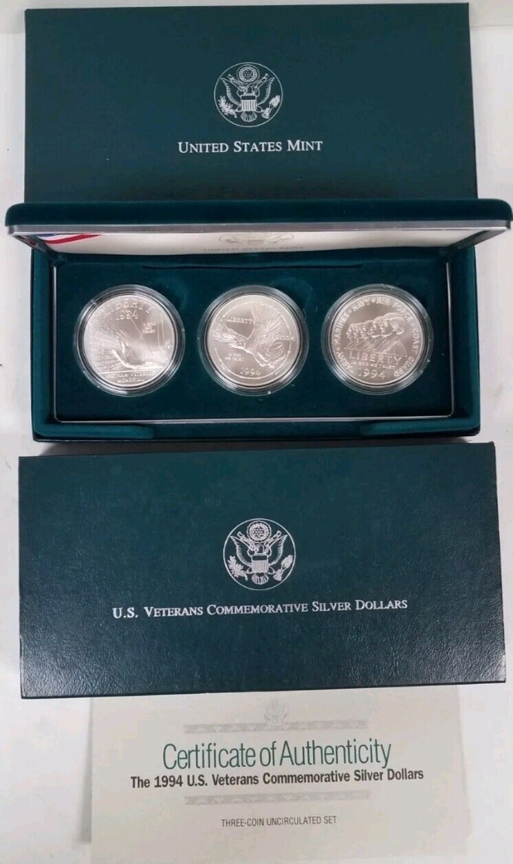 1994 US Veterans Commemorative Silver Dollars Proof 3 Coin Set w/ Box & CoA