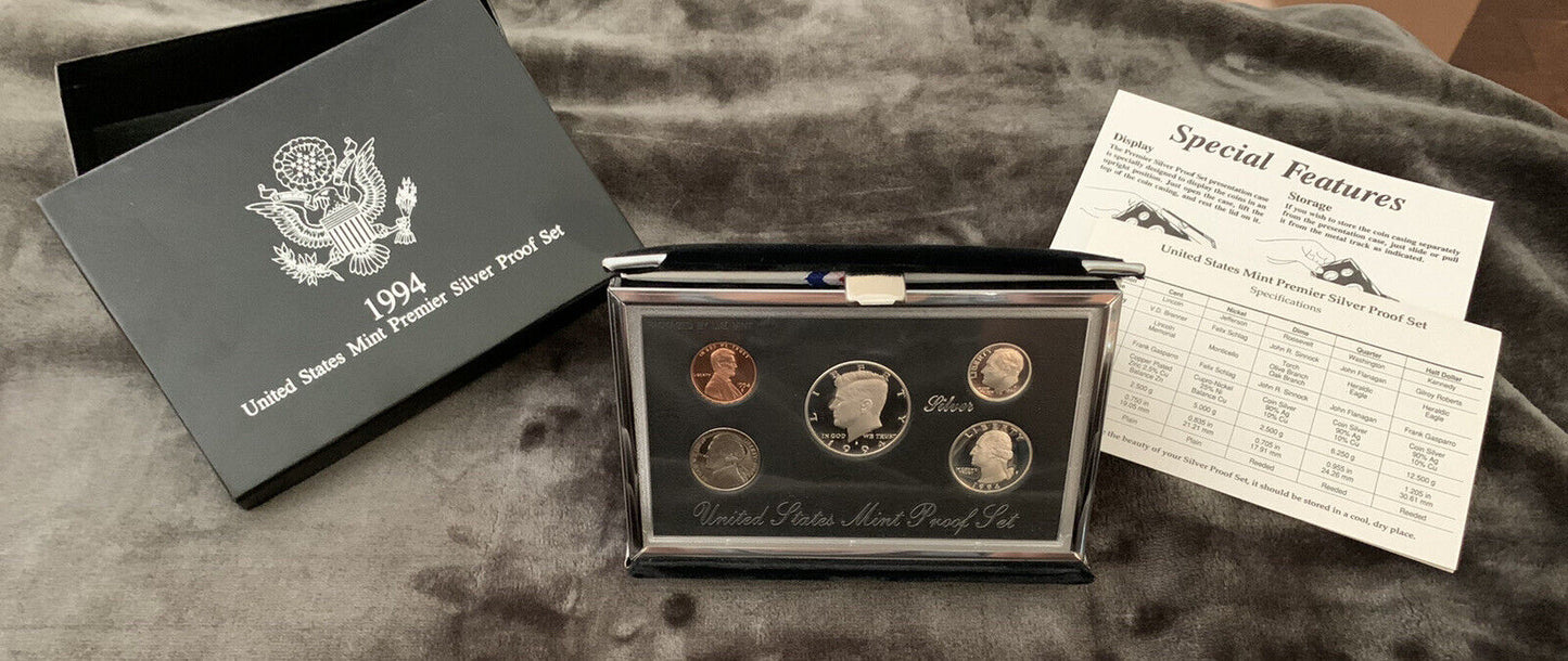 1994-S U.S. Mint Complete SILVER Premier Proof Set 5 Gem Coins with Box and COA