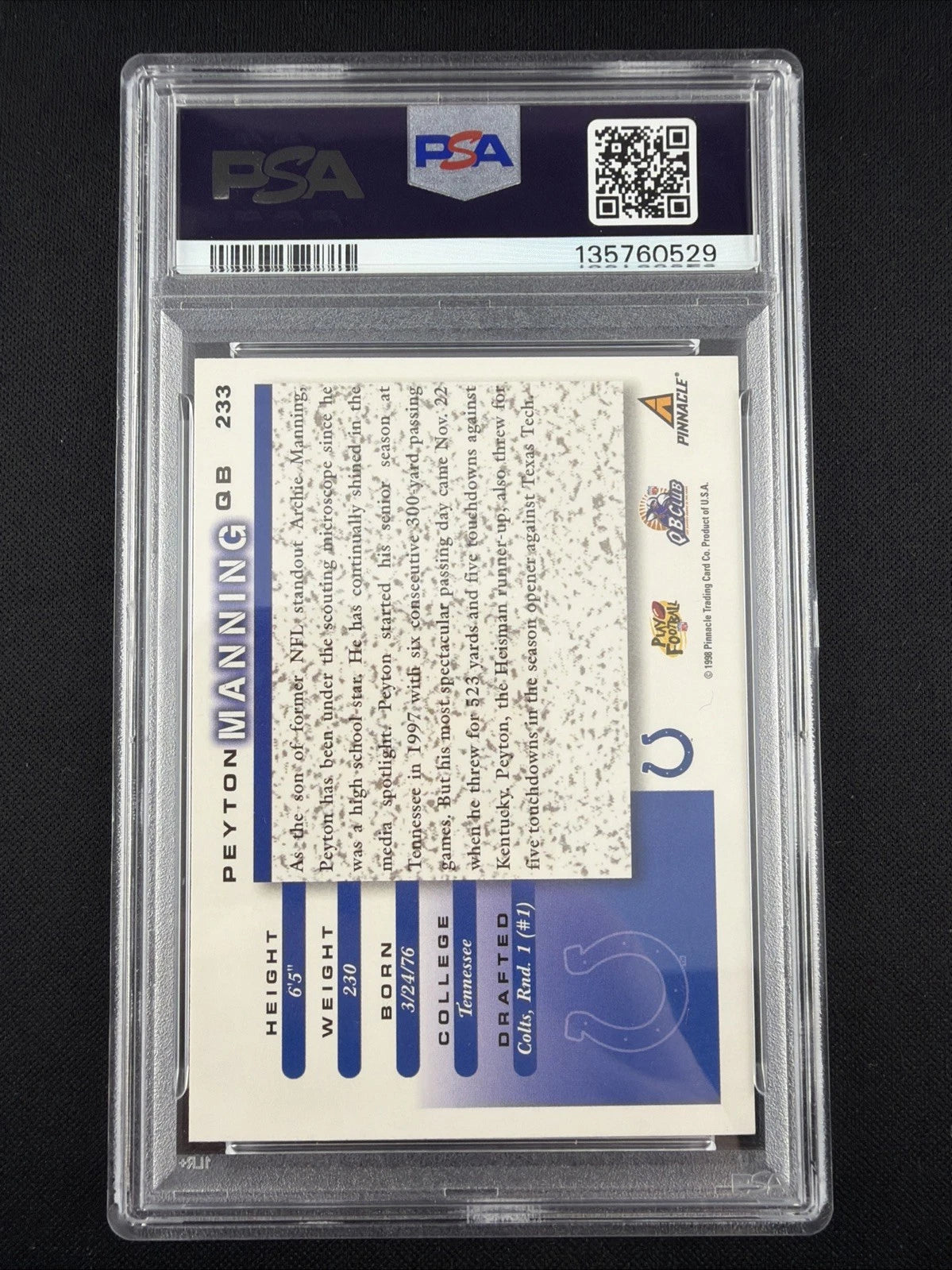 Peyton Manning – 1998 Score #233 - Rookie Card (RC) – PSA 9 Mint