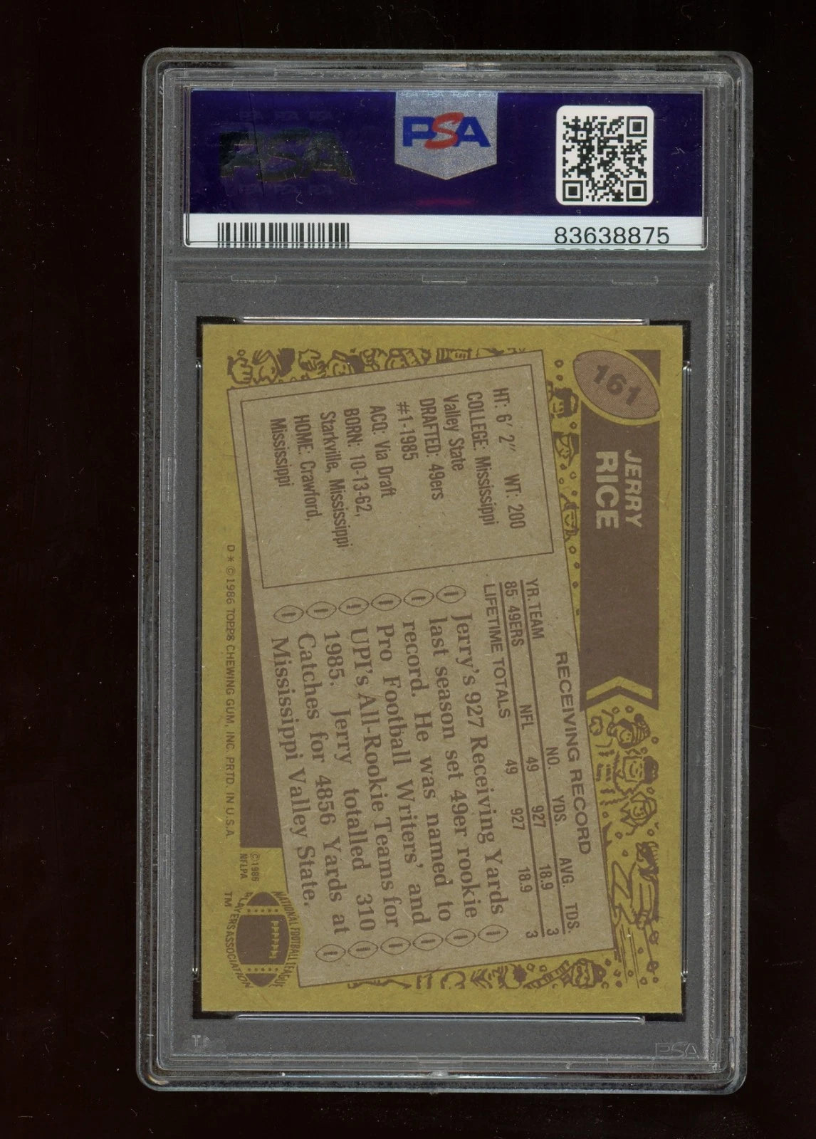 1986 Topps #161 Jerry Rice PSA 6 HOF RC 49ers