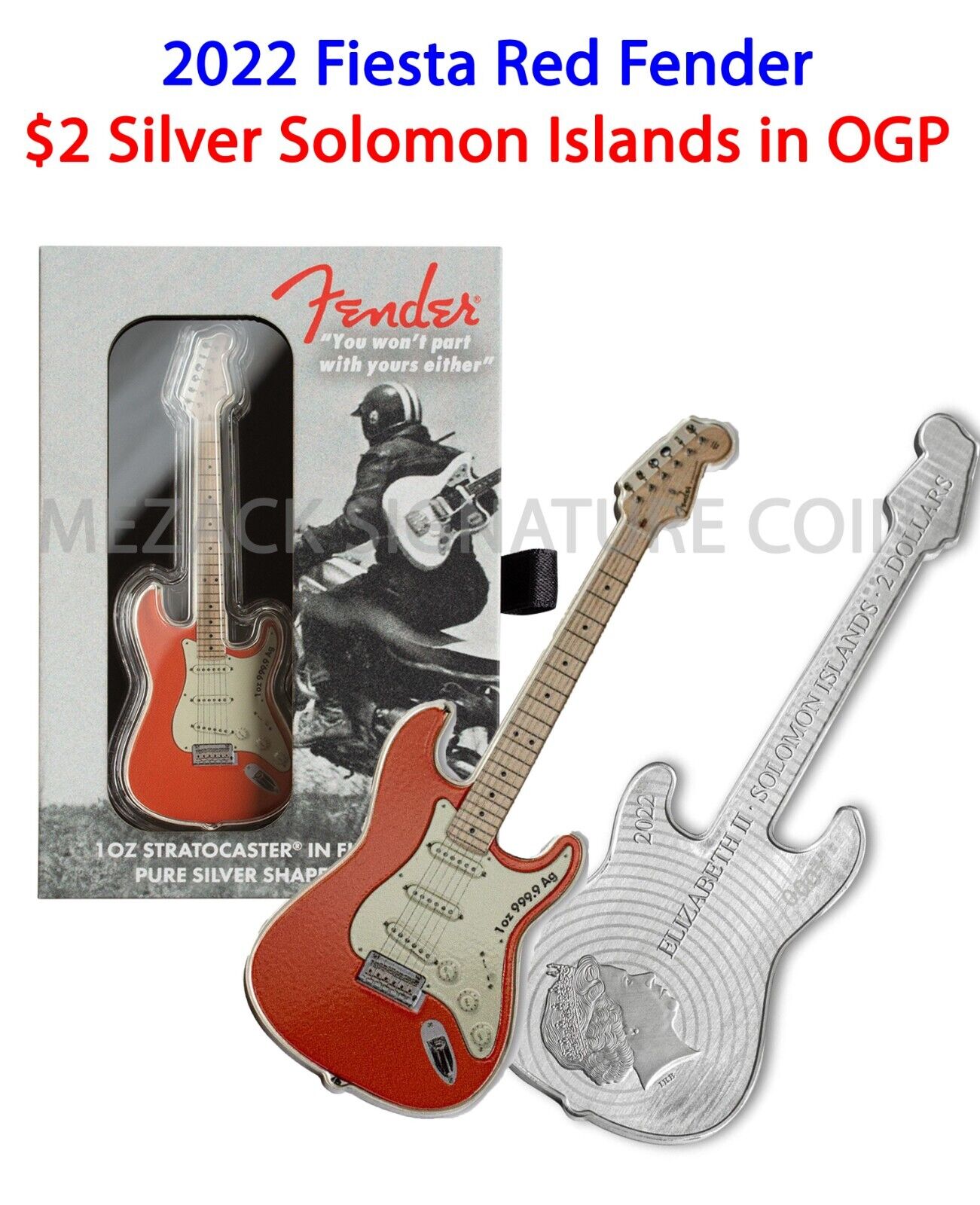 2022 1 oz Silver Fender Stratocaster Fiesta Red Guitar Coin Solomon Islands Pamp