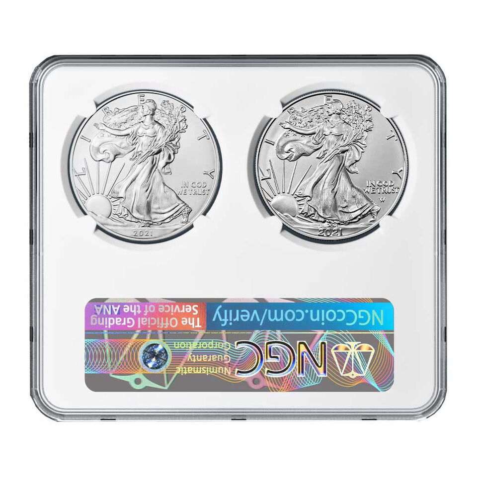 2021 $1 Type 1 and Type 2 Silver Eagle Set NGC MS69 ER Blue Label