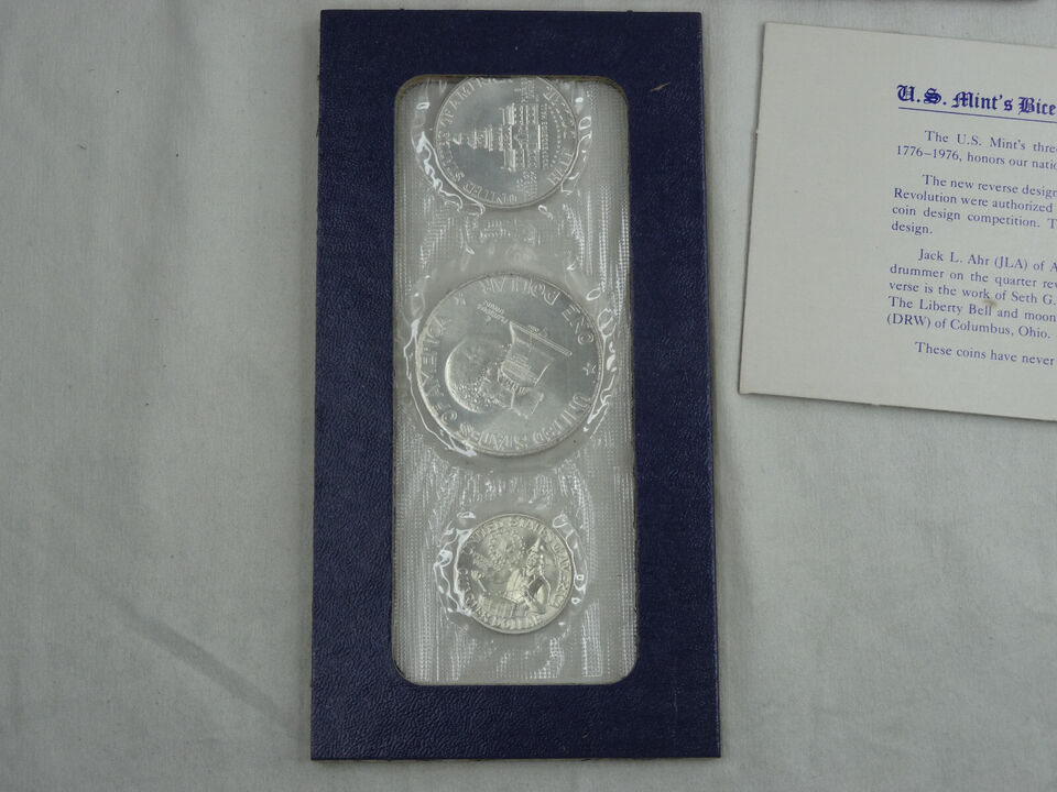 1976 US Mint Bicentennial Silver Uncirculated 3 Coin Set OGP w/ COA Ike Kennedy