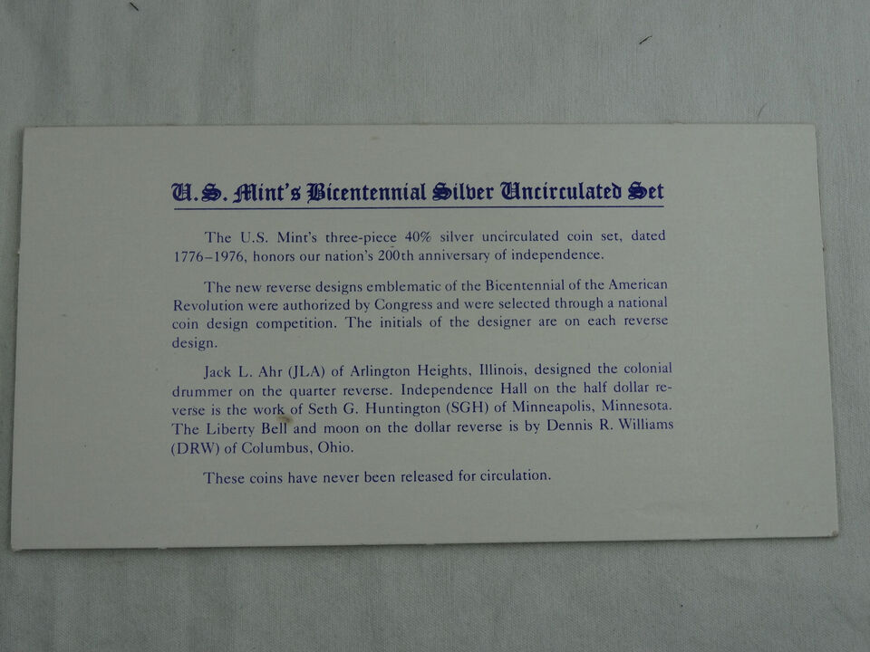 1976 US Mint Bicentennial Silver Uncirculated 3 Coin Set OGP w/ COA Ike Kennedy