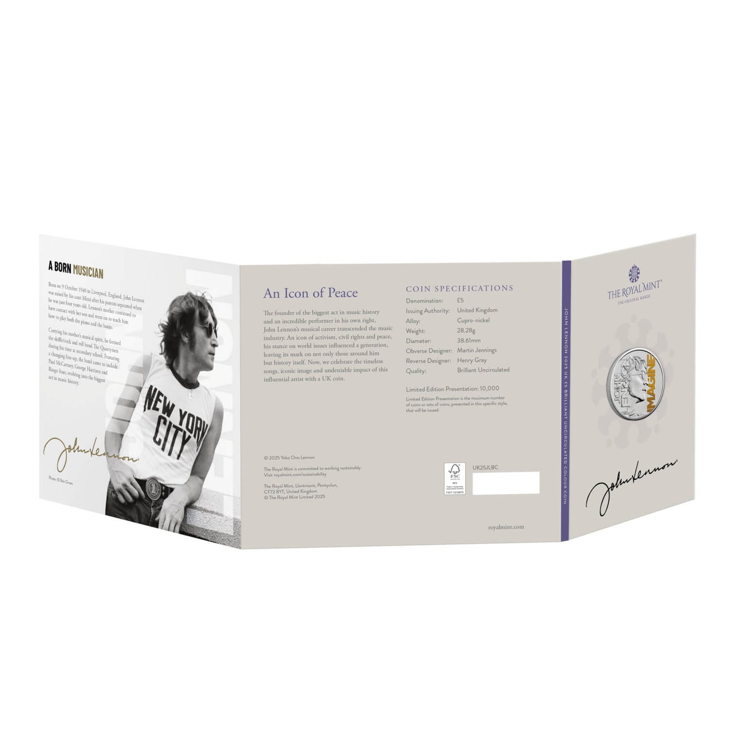 2025 John Lennon 5 Pound Brilliant Uncirculated Colored Proof Music Legends Coin