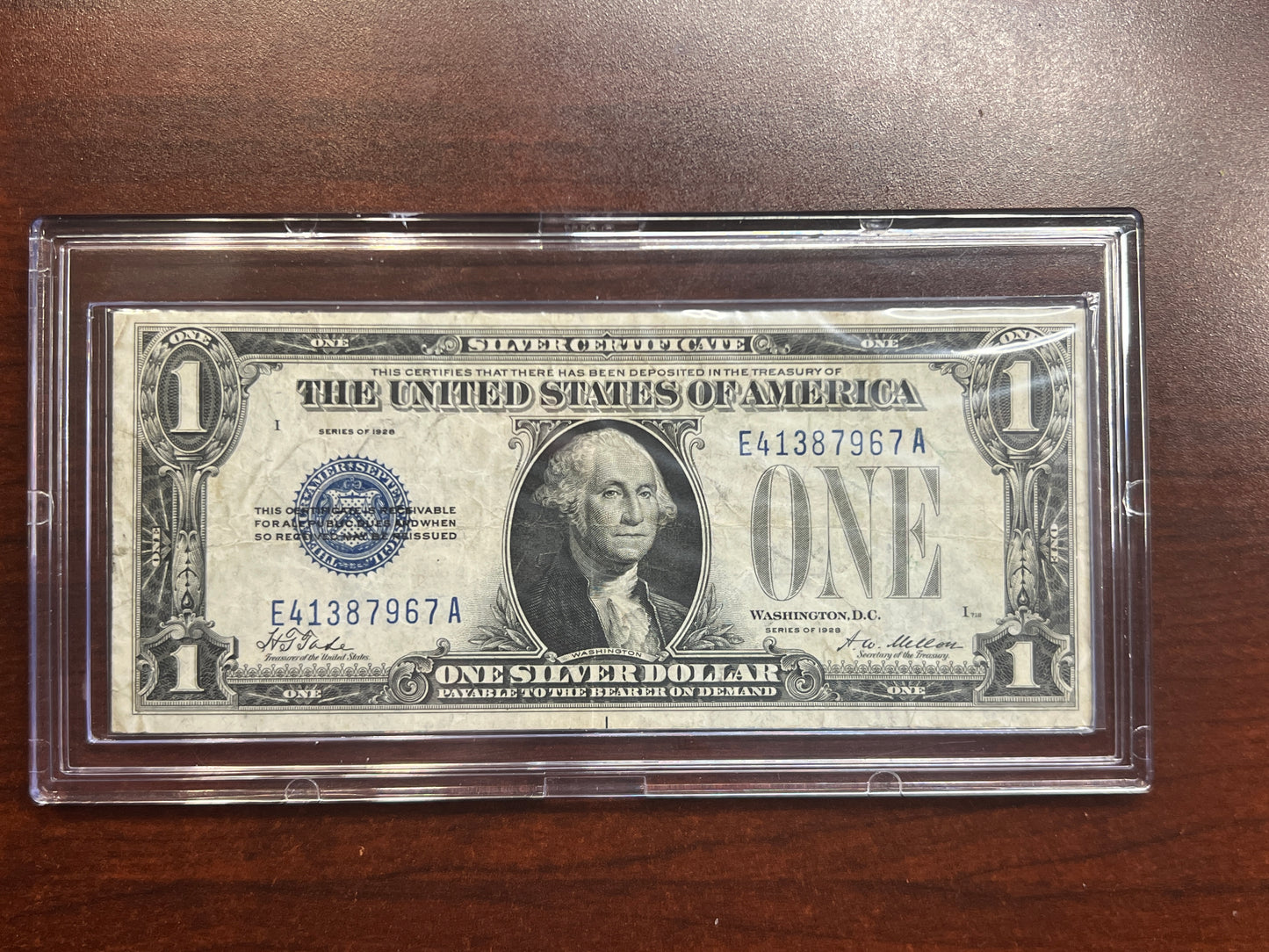 1928 $1 Silver Certificate – “Funny Back” – VF+ Good Color – No Tears/Pinholes – Sealed in Premium BCW Hard Display Case-7967