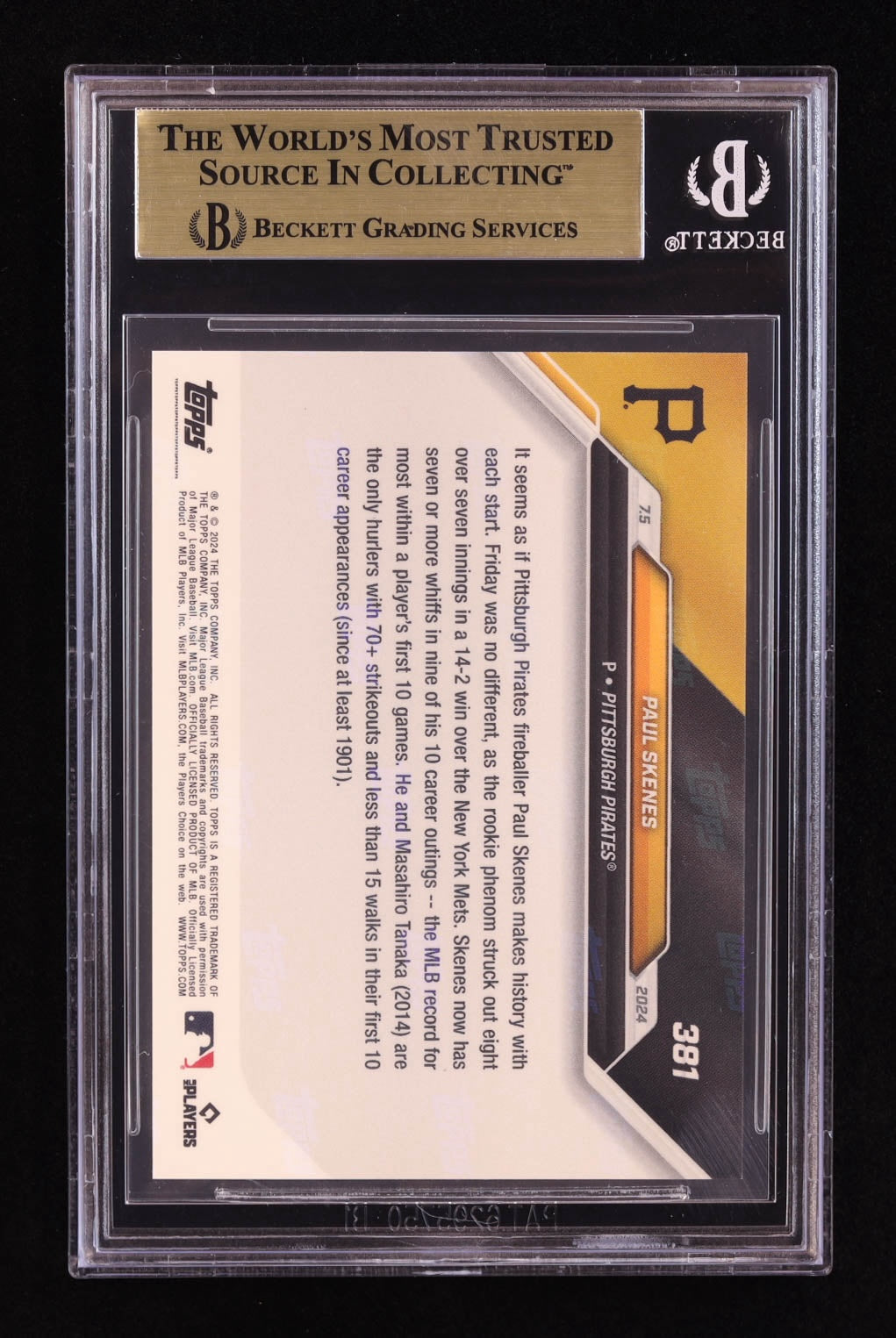 Paul Skenes 2024 Topps Now #381 RC – BGS 10 (Gem Mint Black Label Equivalent Subgrades)