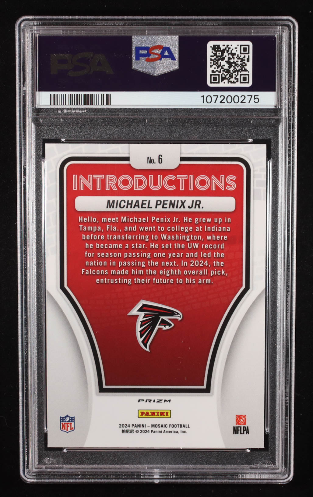 Michael Penix Jr. 2024 Panini Mosaic Introductions No Huddle Silver #6 RC (PSA 10)