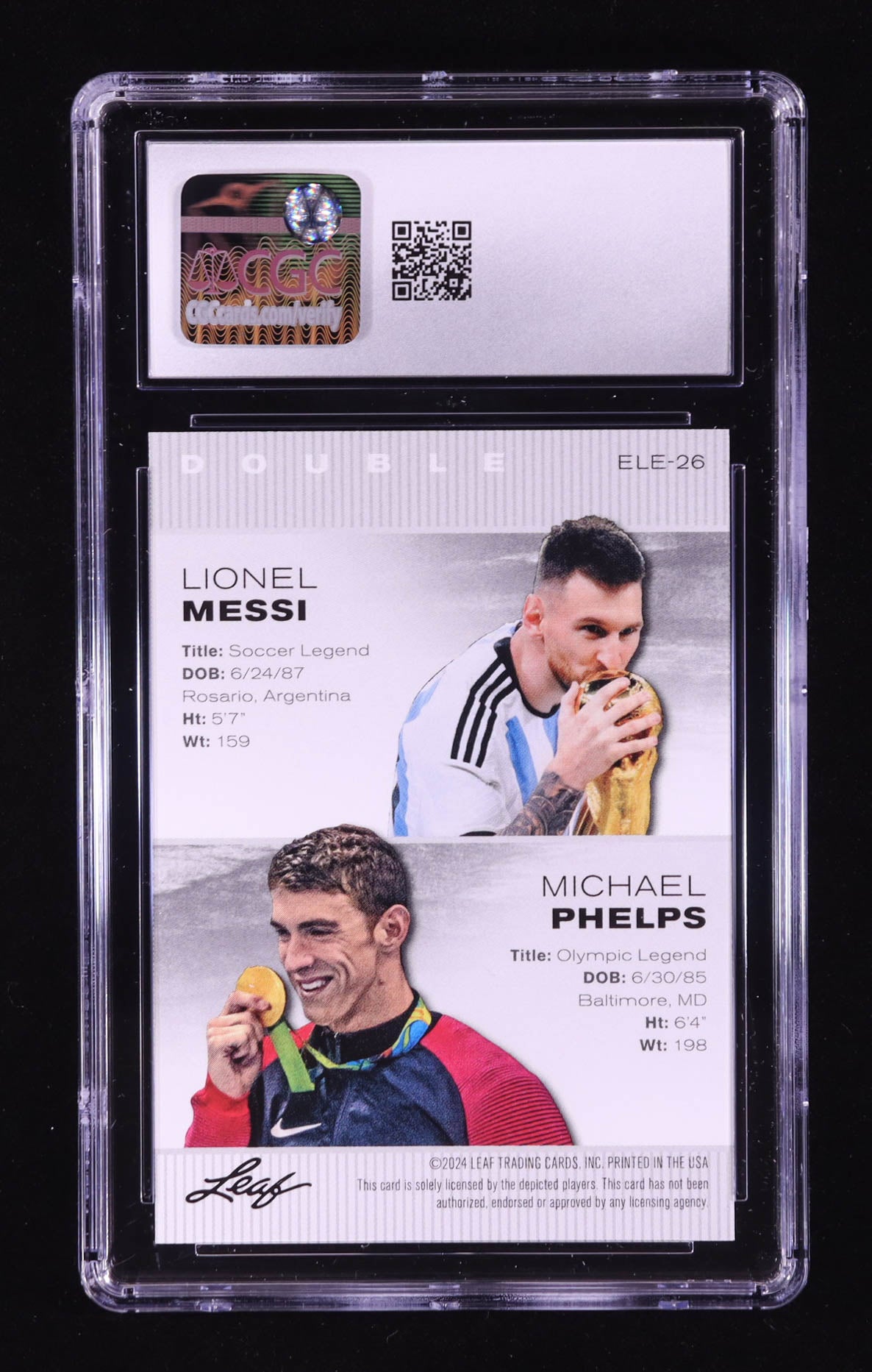 Lionel Messi & Michael Phelps - 2024 Leaf Special Release – Exclusive Legends Edition  Card #ELE26 — CGC 10 Gem Mint